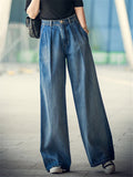 Women's Elegant High Waist Loose Wide Leg Blue Denim Pants