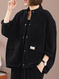 Ladies Simple Stand Collar Pocket Button Up Jacket