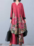 Beautiful Peony Print V Neck Long Sleeve Shirt + Loose Pants