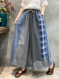 Women's Stylish Plaid Patchwork Drawstring Wide-Leg Jeans