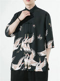 Chinese Style Knot Button Half Sleeve Flying Crane Print Shirt