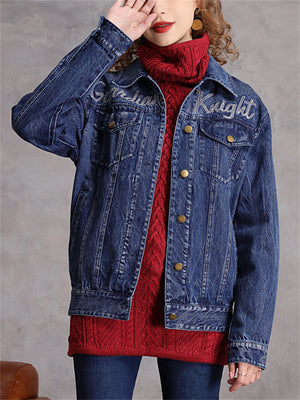 Lady Casual Slim Fit Autumn Embroidered Denim Jacket