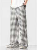 Men's Vintage Plaid Cotton Linen Wide Leg Trousers