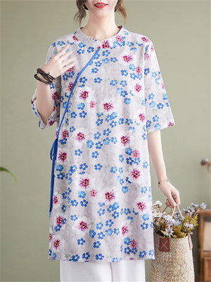 Rural Style Floral Print Cotton Linen Shirt