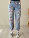 Ladies Casual Ripped Floral Print Denim Pants