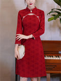 Chinese Style Wine Red Knee Length Jacquard Qipao