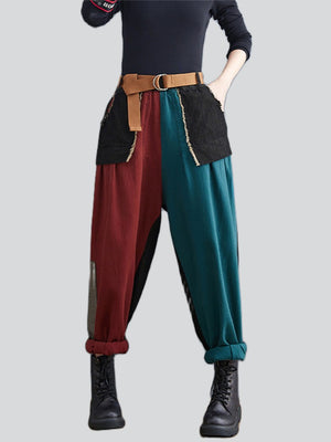 Women's Red Green Contrast Color Patch Pocket Denim Harem Pants