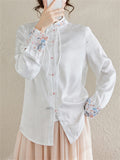 Women's Flower Embroidery Elegant Stand Collar White Shirt