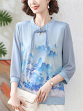 Women's Ancient Style Print Elegant Stand Collar 3/4 Sleeve Shirts