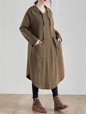 Female Plus Size Mid-length Spring Autumn Solid Hooded Dress