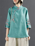 Chinese Ancient Style Floral Embroidery Knot Button Shirt for Women