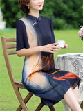 Ladies Cozy Breathable Chiffon Dress with Golden Lotus Print