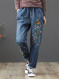 Female Leisure High-Rise Drawstring Embroidery Washed Denim Pants