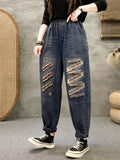 Hip-Hop Trend Letter Embroidery Ripped Jeans for Women