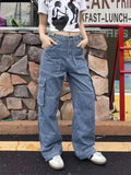 Retro Striped Blue High-Rise Floor-length Cargo Jeans