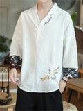 Male Chinese Style Lifelike Crane Embroidery V-neck Shirts