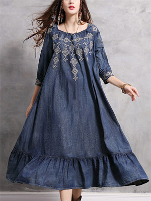 Women's Diamond Embroidery Half Sleeve Ruffle Blue Denim Dress