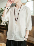 Chinese Style V-Neck Linen Blend T-shirt for Men