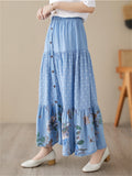 Women's Gentle Polka Dot Flower Print Pleated Denim Skirt