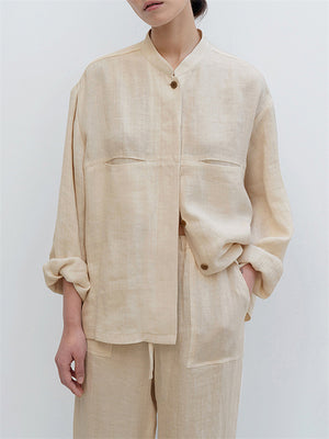 Female Spring Autumn Solid Color Vintage Linen Shirts