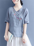 Elegant Retro Mini Floral Embroideried V Neck Shirt for Women