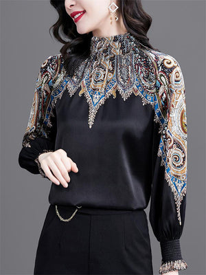 Women's Elegant Print Round Neck Puff Sleeve Black Shirt