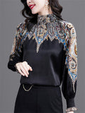 Women's Elegant Print Round Neck Puff Sleeve Black Shirt