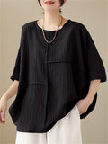 Women's Elegant Round Neck Batwing Sleeve Linen Shirt