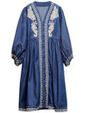 Women's Ethnic Style V Neck Puff Sleeve High-Rise Denim Dress