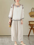 Ladies Ethnic Style Floral Embroidery Round Neck Shirts