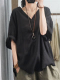 Loose V Neck Half Sleeve Breathable Simple Linen Shirt for Women