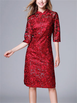 Women's Elegant Flower Embroidery Red Lace Qipao Dress