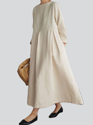 Oversized Round Neck Cotton Linen Pleated Dress for Lady