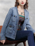 Women's Fashion Multi Pocket Blue Denim Short Jacket