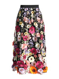 Ladies French A-line Skirt with Realistic Floral Embroidery