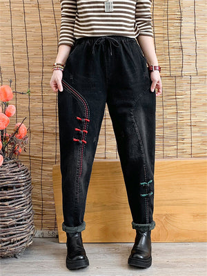 Retro Thick Embroidery Elastic-waist Jeans