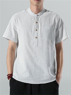 Cotton Linen Stripe Short Sleeve Shirts