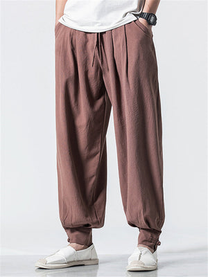 Solid Color Linen Ankle-Banded Pants