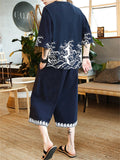 Summer Linen Printed 2-Piece Set T Shirt Cropped Pants Men's Outfits