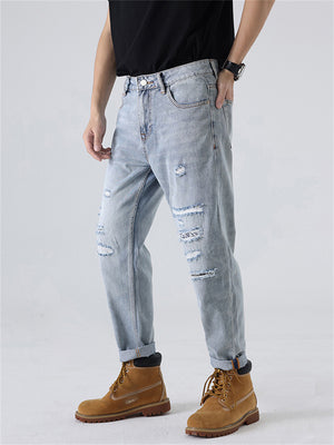 Light Blue Hole Straight Leg Simple Denim Men's Jeans