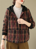 Women's Trendy Plaid Button Hooded Cotton Coat