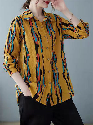 Lapel Contrast Color Long Sleeve Stripe Shirts