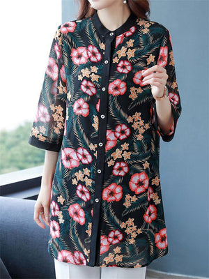 Floral Printed 3/4 Sleeve Chiffon Long Shirts