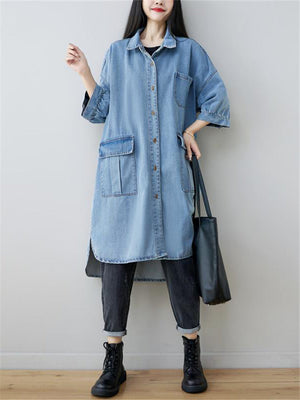 Lapel Light Blue 3/4 Sleeve Long Denim Jacket