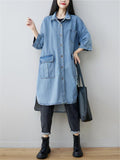 Lapel Light Blue 3/4 Sleeve Long Denim Jacket