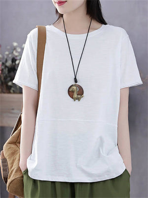 Round Neck Ladies Literary  And Artistic Pure Color Fashionable Shirts