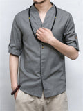 V neck Cotton Linen Solid Color Shirts