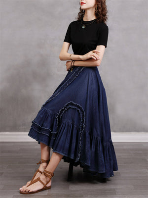 Irregular Plicated Retro Denim Long Skirt