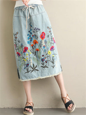 Women's Denim Embroidery Long Skirts