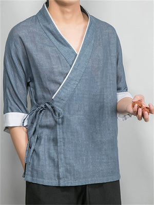 Cotton Linen Half Sleeve Lace-up Shirts